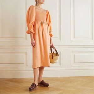 SLEEPER Atlanta Off-The-Shoulder Shirred Linen Midi Dress With Waist Tie